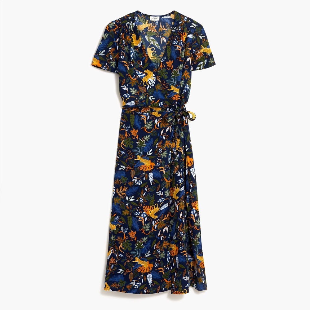NWT J. CREW drapery twill wrap dress in navy jungle print - 14